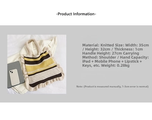 Detailed size specifications for striped knit tote bag with measurement comparison