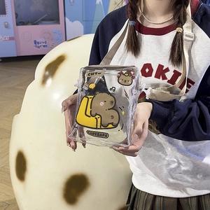 Detail of transparent Capybara PVC crossbody bag with cartoon print and adjustable strap
