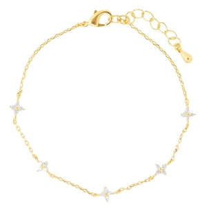 Elegant gold four-leaf clover flower bracelet with sparkling rhinestones and lobster clasp
