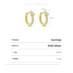 Detail view of 12mm S925 sterling silver gold hoop earrings with pear-cut zircon