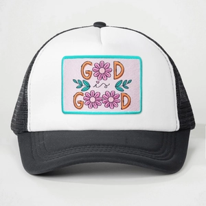 Classic black and white trucker hat with God is Good embroidery and mesh back