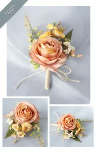 Detailed views of caramel silk rose boutonniere with decorative berries and golden rope