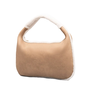 Retro camel faux leather shoulder bag with white plush fur trim and top handle