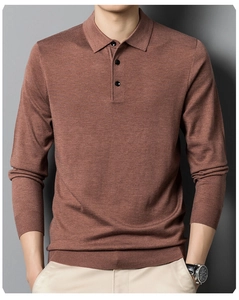 Detail of reddish-brown men's polo knit sweater featuring a three-button placket and fine texture
