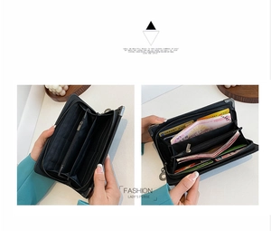 Detail view of the long black leather wallet interior featuring multiple card slots and pockets