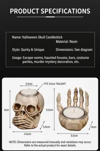 Detailed size chart for resin Halloween skull and skeletal hand candle holders