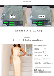 Size chart for champagne satin maxi dress showing fabric content and weight details