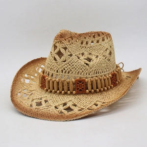 Chapeau de paille tissé à la main avec bande perlée pour protection solaire d'été