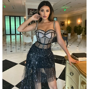Sequin Mesh Dress Women Sexy Bodycon Strap Corset Irregular Hem Evening Party Celebrity Club Wear Sparkly Rhinestone