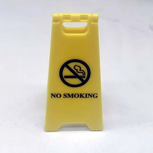 Detailed view of a yellow A-frame plastic No Smoking caution sign on white background