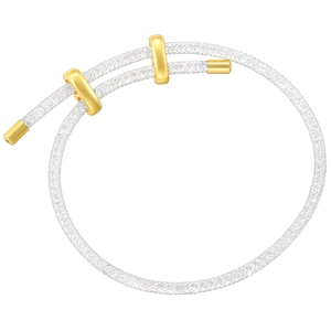 Detail of adjustable silver mesh bracelet with golden sliding beads and metal finish