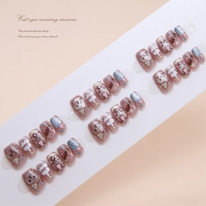 Faux ongles œil de chat rose à paillettes avec motifs de chiot et de gâteau