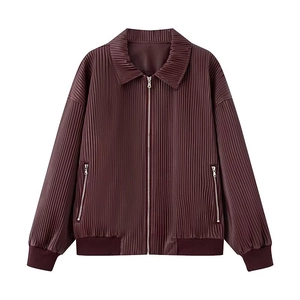 Women Pleated Faux Leather Jacket Long Sleeve Zipper Up Lapel Collar Vintage Solid Color Casual Fashion Outerwear