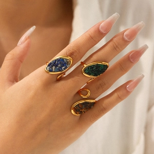 French vintage stainless steel open ring set with natural malachite and lapis lazuli