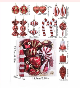 Detailed view of burgundy Christmas tree ornaments with dimensions for balls and candies