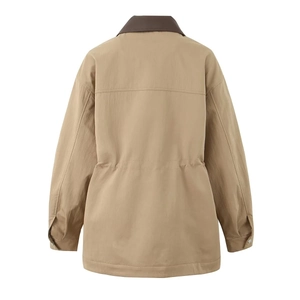 Back view of khaki trench coat featuring a drawstring waist and contrast brown collar