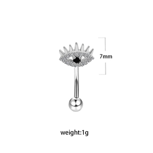 Detailed view of silver eyebrow piercing with eye pendant, 7mm width and 1g weight