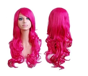 Detail view of 80cm long wavy pink cosplay wig showing both front and back on a mannequin