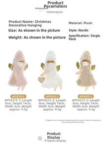 Detail showing dimensions of three plush Christmas angel pendants with gold wings