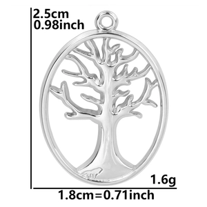 Macro detail of silver stainless steel tree of life pendant with exact dimensions