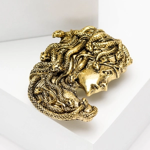 Macro shot of gold Medusa head brooch with vintage texture on white display