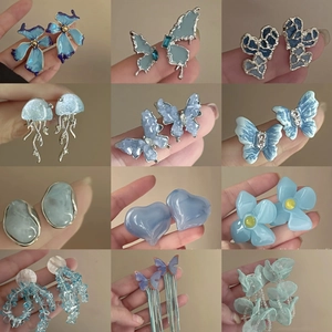 Boucles D'oreilles Poussettes Fleur Papillon Série Bleue Pour Femmes Avec Tige En Argent Sterling 925 Alliage Résine Émail Bijoux Élégants