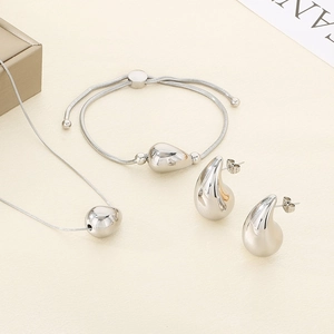 Polished silver stainless steel jewelry set with teardrop necklace, bracelet and earrings