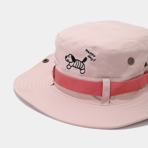 Pink wide brim bucket hat with cute dog embroidery and Happy day slogan for sun protection