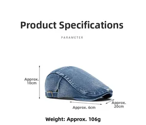 Detailed denim beret specifications showing 10cm height and 6cm brim in blue wash