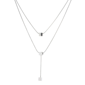 Double-layered silver snake chain necklace with minimalist cube pendants for women