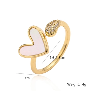 Detailed size guide for gold heart ring showing 1cm shell inlay and 4g product weight