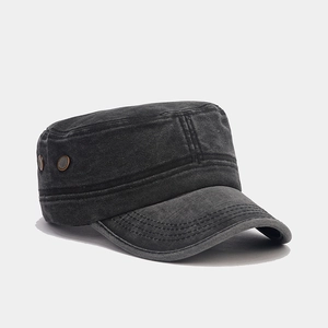 Vintage dark grey washed cotton military flat cap with breathable metal eyelets for outdoor use