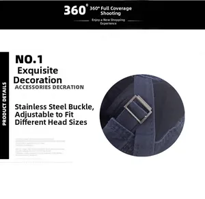 Detail of adjustable stainless steel buckle on navy blue cotton military flat top cap