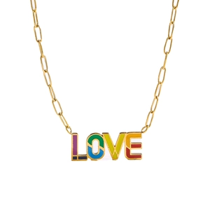 Golden paperclip chain necklace with colorful LOVE enamel letter pendant on white background