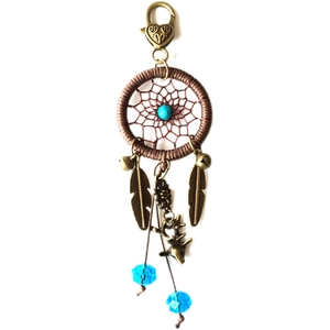 Handmade dreamcatcher keychain with brown weave, turquoise bead and bronze feather charms