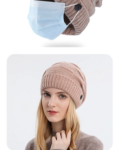 Detail view of winter knit beanie with side buttons for hanging mask ear straps