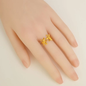 Golden double flower 304 stainless steel open ring with adjustable minimalist design