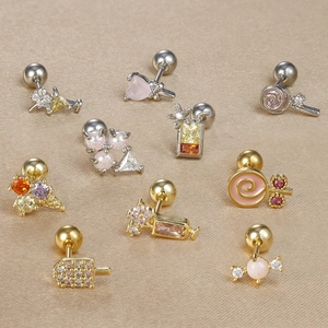 Detailed set of colorful 18K gold-plated stainless steel lollipop and ice cream stud earrings