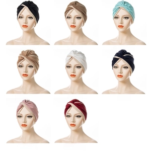 Two-tone cross front turban caps for women in eight versatile solid colors on white background