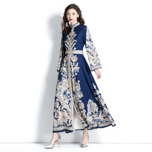 Elegant navy long-sleeved floral maxi dress with baroque patterns and waist belt