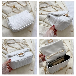 Detailed views of a white quilted crossbody bag with gold chain strap and interior space