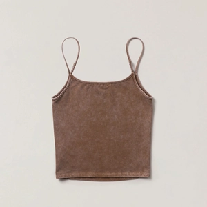 Detail of vintage brown cotton camisole with washed texture and thin cross-print straps