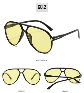 Three views of black aviator sunglasses with yellow lenses and metallic T hinge detail
