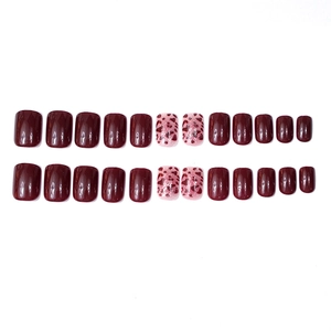 24pcs burgundy wine red and leopard print short square press-on nails with glossy finish