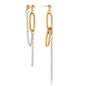 Asymmetric mixed-metal tassel earrings with gold-tone oval links and silver-tone fine chains