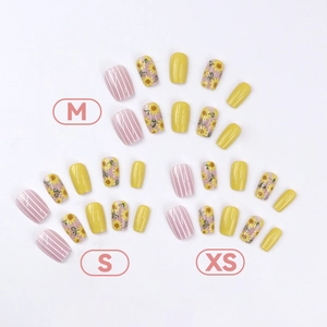 Short square sunflower press-on nails with yellow and stripe patterns in M S XS sizes