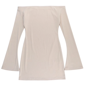 Detail of beige off-the-shoulder mini dress featuring elegant bell sleeves and slim fit