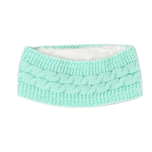 Detail of mint green cable knit headband with thick white fleece lining for winter warmth