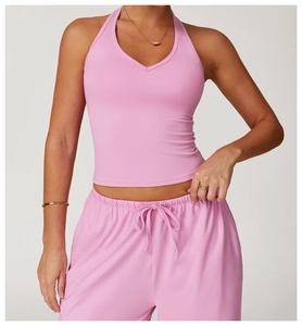 Pink V-neck halter sports top and drawstring pants set for yoga and fitness training