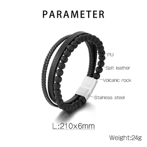 Detailed parameter display of multilayer men's leather bracelet with volcanic rock